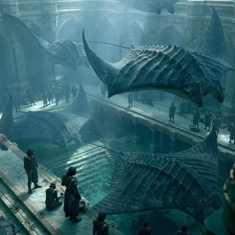 Underwater scene with giant manta ray-like creatures and armored figures in an ancient submerged hall