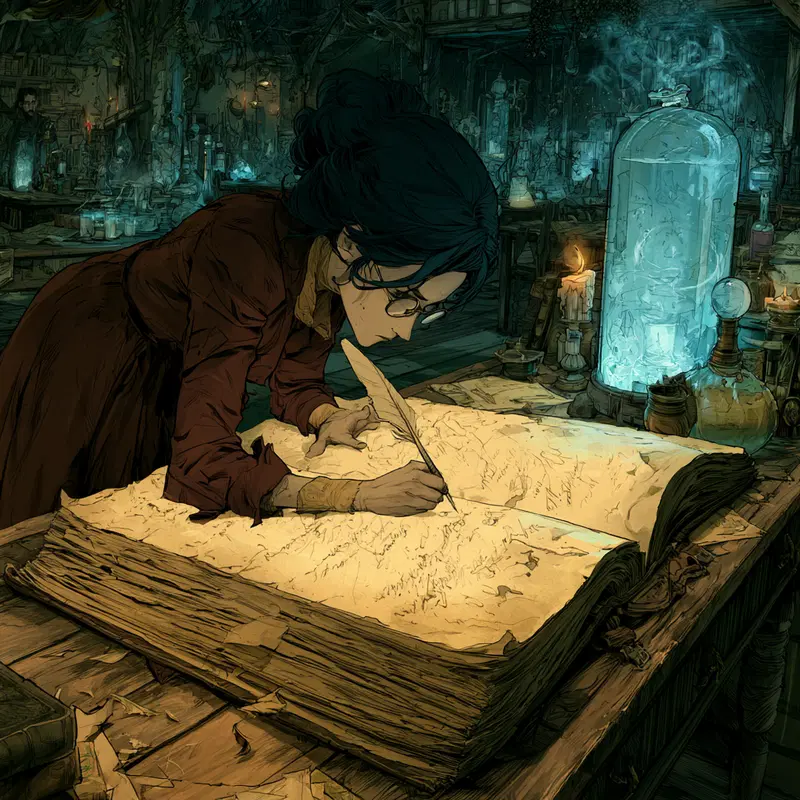 Woman writing in a giant ancient book in a magical alchemist's laboratory