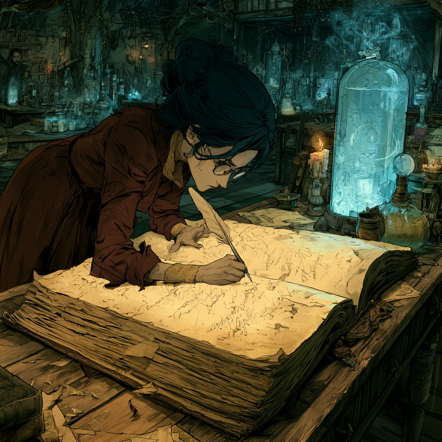 A woman with dark hair and glasses is leaning over and writing with a quill in a huge old book on a wooden table. The room is filled with mystical blue glowing objects, glass jars, potions, and lit candles in a dim, enchanting atmosphere.