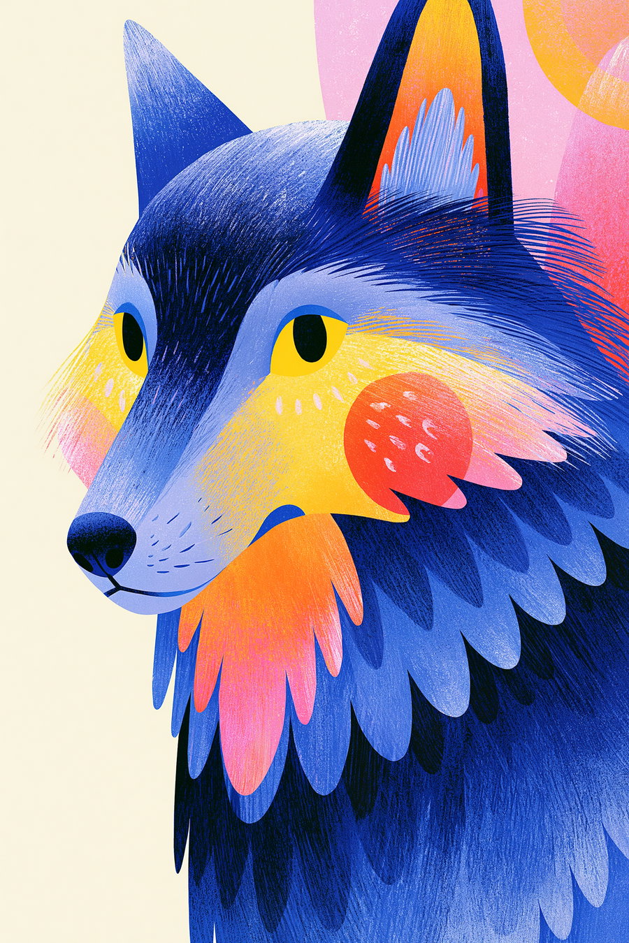 Close-up digital artwork of a wolf's head in blue, yellow, orange, and pink shades with textured fur and bright yellow eyes