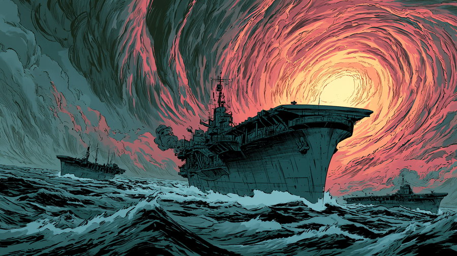 Illustration of three large warships navigating choppy ocean waters under a dramatic sky glowing with swirling red and orange clouds