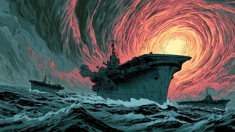 Epic fleet of warships sailing through tumultuous ocean beneath a fiery swirling sky