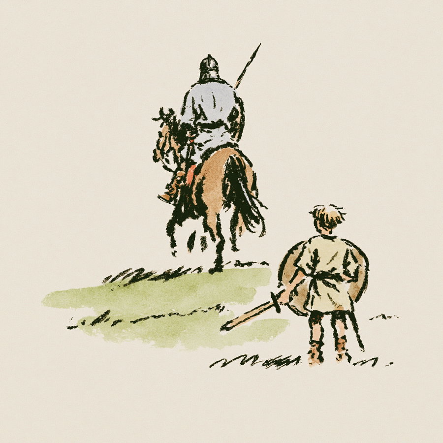 Watercolor sketch showing a knight in armor riding a horse with a spear and a young squire holding a sword and shield standing behind him on grassy ground