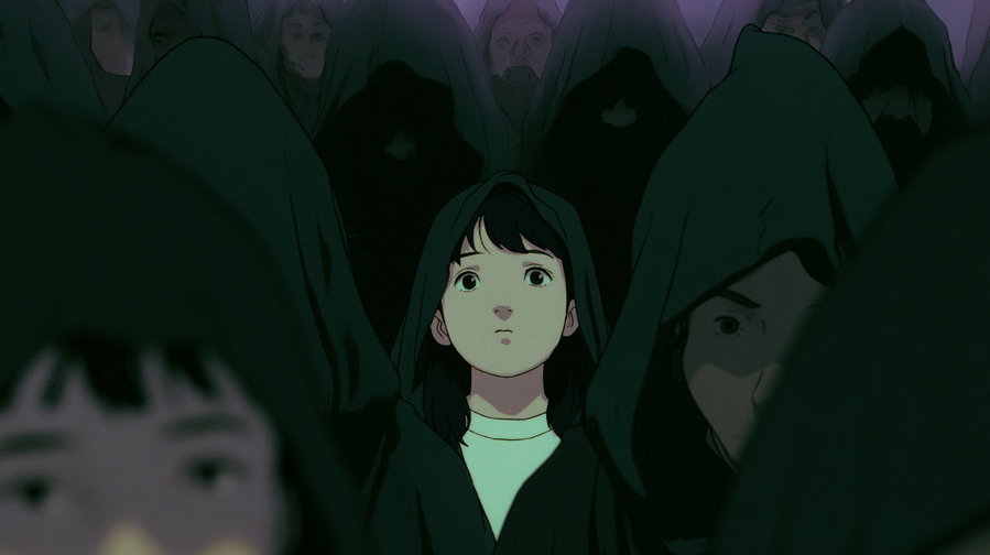 A young woman with black hair and a pale face looks forward, surrounded by numerous people wearing dark hooded cloaks, blending into a dark and muted background.