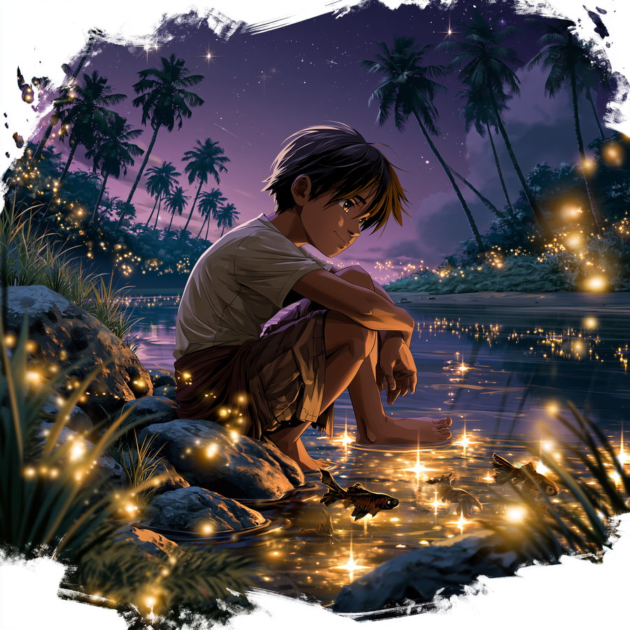 An illustrated scene of a boy sitting on rocks by a calm river reflecting glowing golden lights and small fish, surrounded by tall palm trees under a starry sky at dusk.