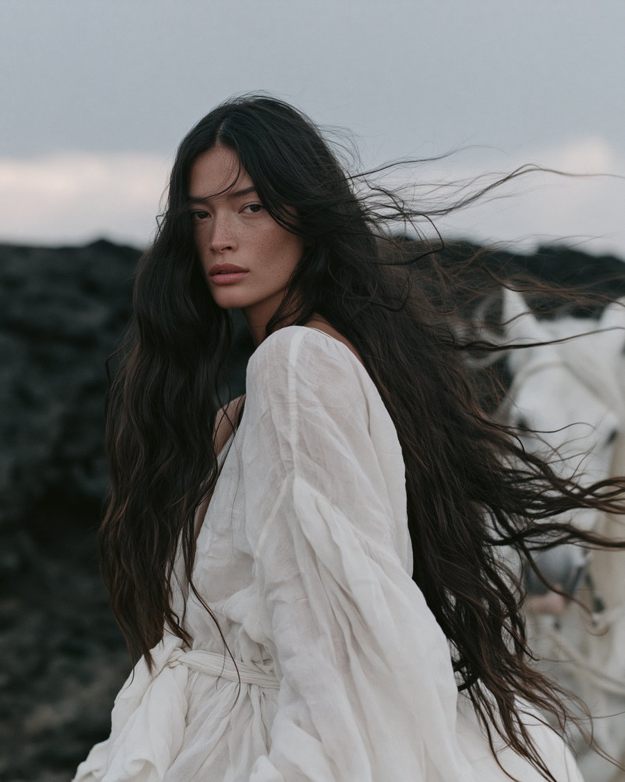 A woman with long dark hair wears a flowing white dress standing outdoors with a blurred rocky background.