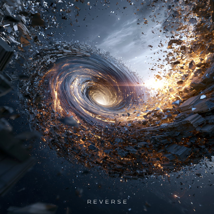 A swirling cosmic vortex of shattered debris illuminated with glowing fiery light against a dark space background