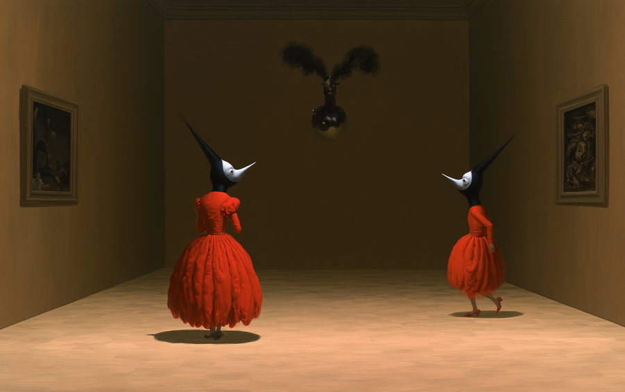 Two figures wearing red dresses and tall black cones covering their heads with white bird-like masks in a brown room with paintings on the walls and a mysterious mounted object on the far wall