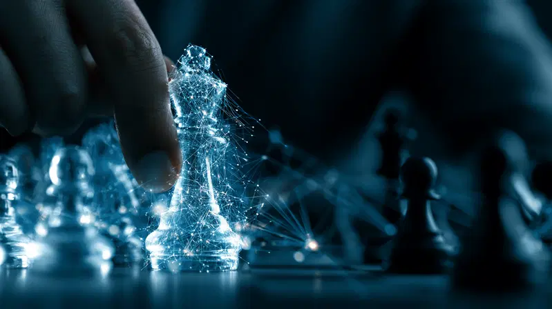 Futuristic concept of a hand moving a digital chess king piece