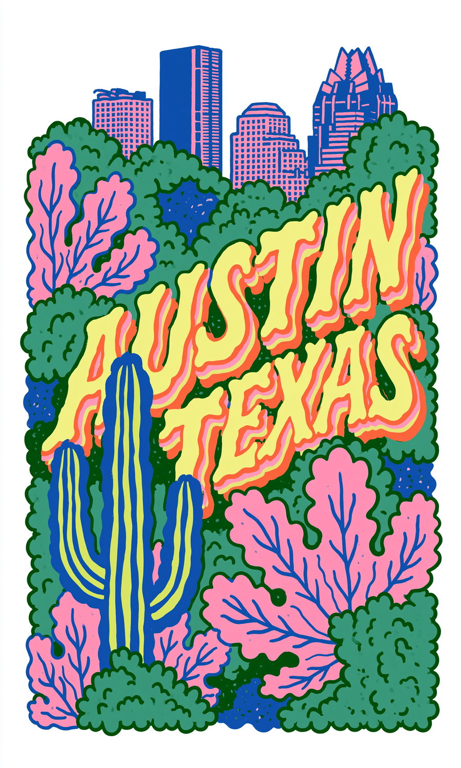 Brightly colored illustration featuring the Austin Texas skyline with stylized pink and green foliage and a large blue and yellow cactus in the foreground