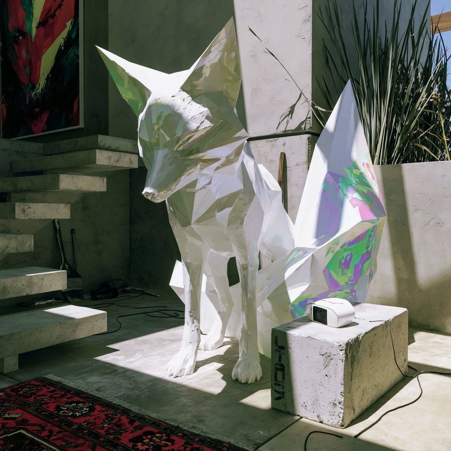 A large white geometric fox sculpture with iridescent tail sitting on a concrete floor near a modern staircase, next to a concrete block with a small white device on top, with plants in the background.