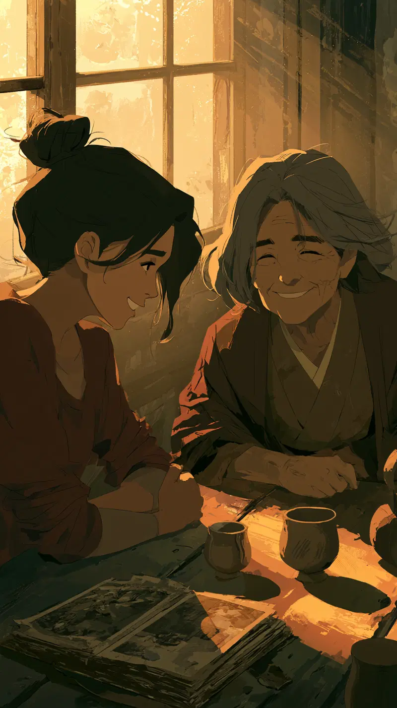 Warm moment between elderly woman and young woman sharing stories in cozy room