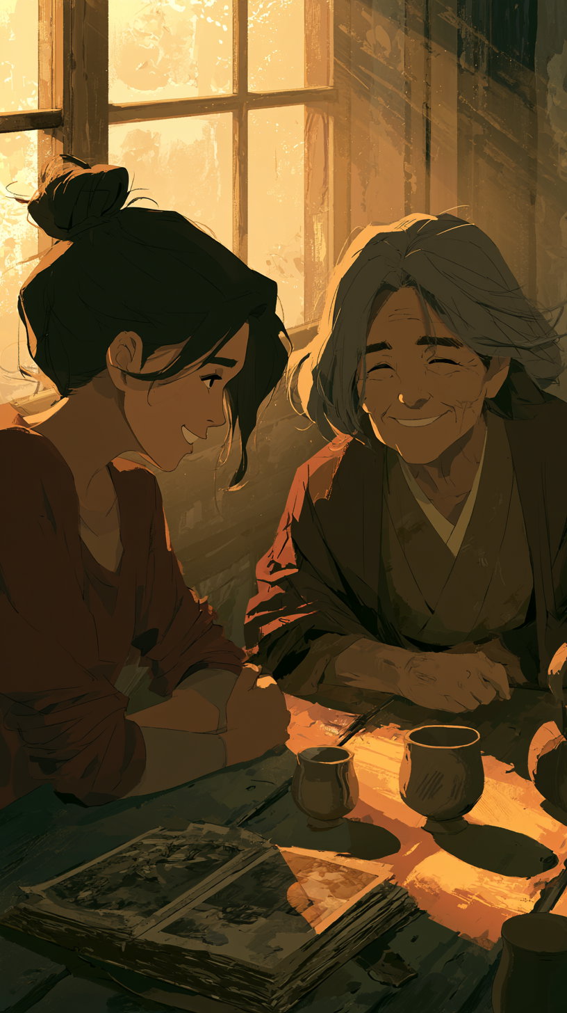 Illustration of an elderly woman with gray hair and a young woman with dark hair in a bun sitting at a wooden table by a window with golden light, sharing a warm smile and conversation, with books and cups on the table