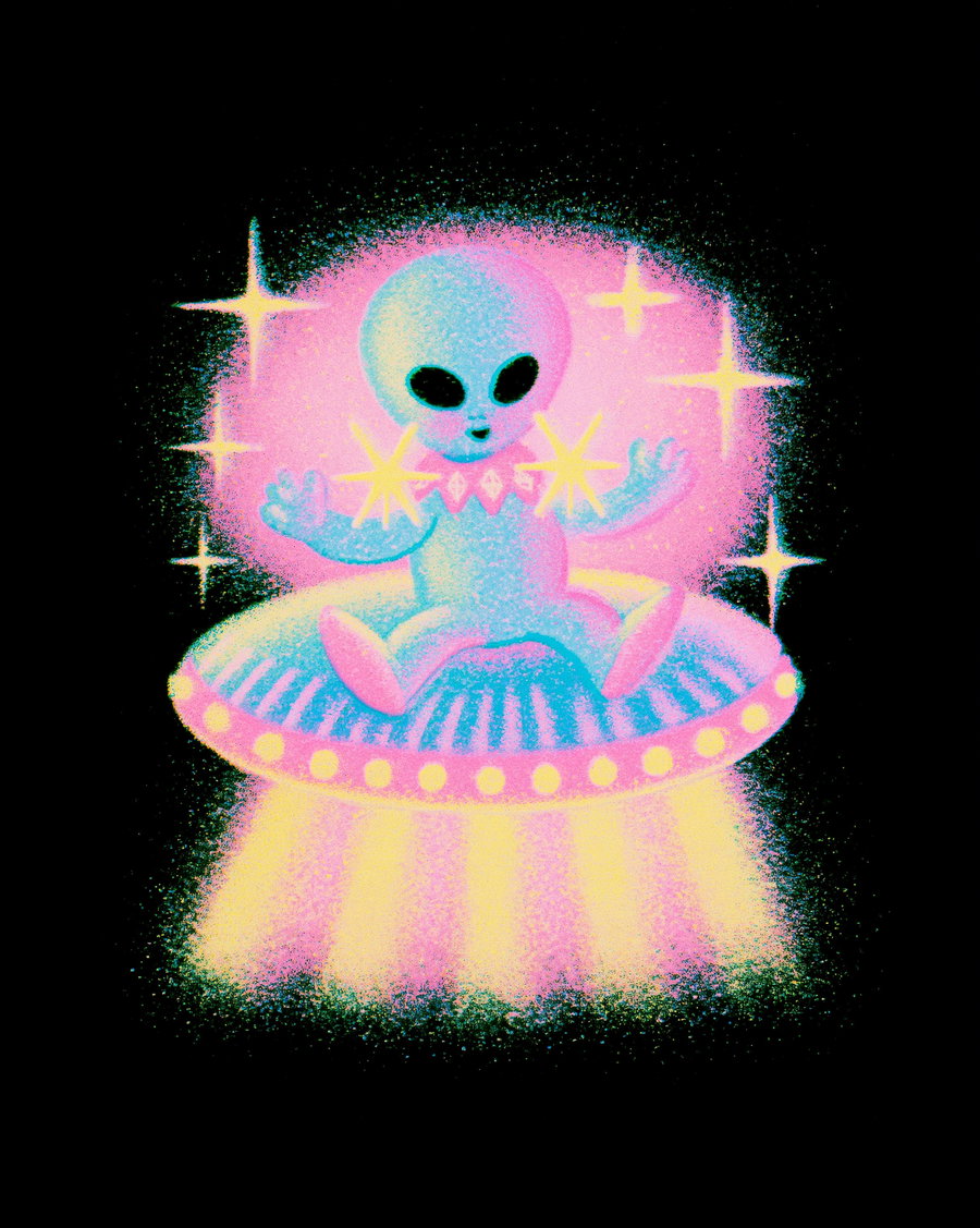A blue alien with large black eyes sitting on a blue and pink flying saucer emitting yellow light beams against a black background with glowing star shapes
