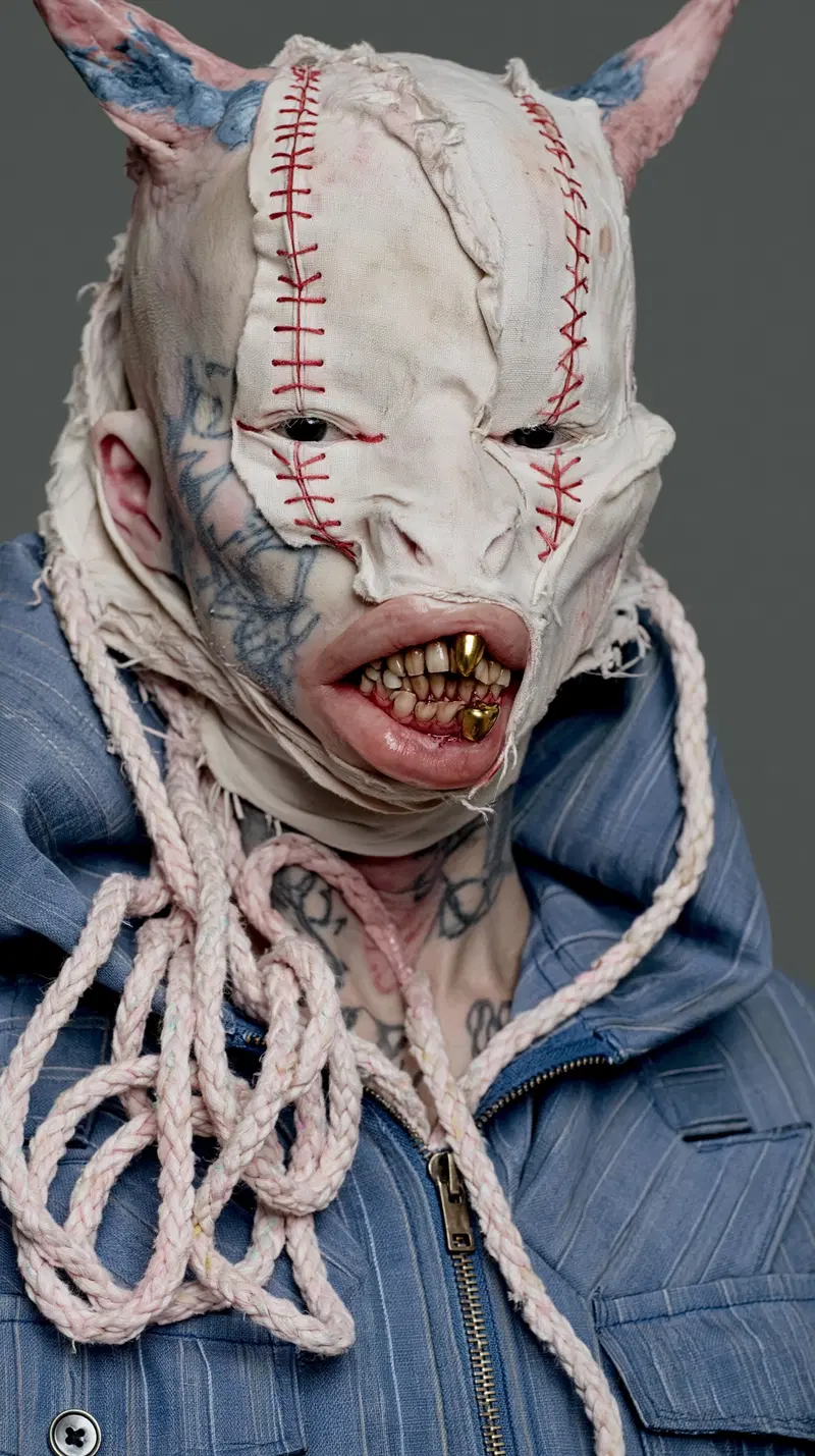 Surreal dark fantasy portrait with stitched face mask and golden teeth