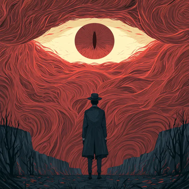A solitary figure stands under a colossal ominous eye amidst swirling red skies