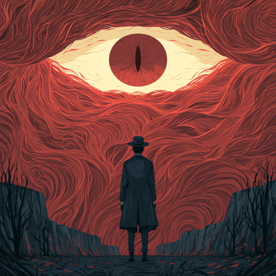 A dark silhouette of a person in a long coat and hat stands in a barren landscape with cliffs, facing a giant red eye in the sky surrounded by swirling red patterns