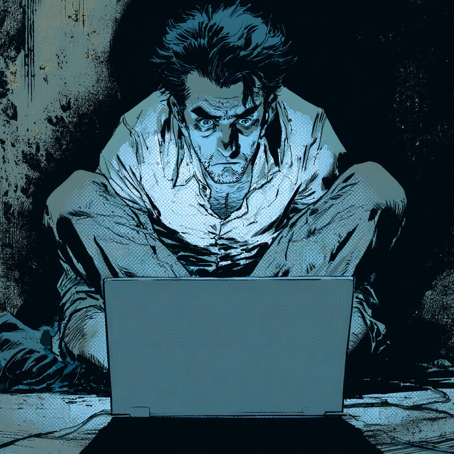 A man with disheveled hair sitting cross-legged in front of a laptop, illuminated by the screen light in a dark environment
