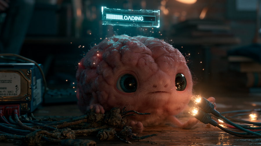 A small, pink, brain-like creature with large blue eyes and tiny limbs is holding some glowing cables on a wooden surface in a dark, cluttered environment with a digital 'loading' sign above its head