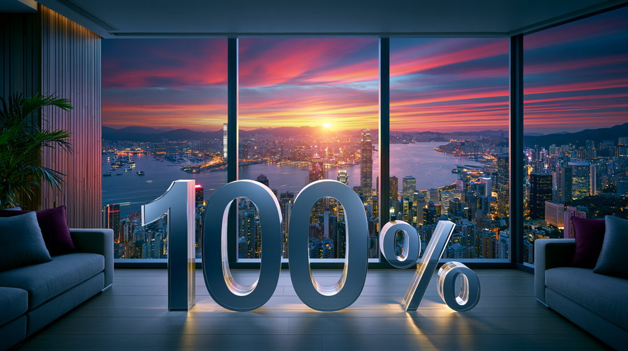 Interior of a modern living room with large glass windows overlooking a cityscape at sunset, featuring a large metallic 100% sign on the floor, two sofas, a plant, and warm ambient lighting