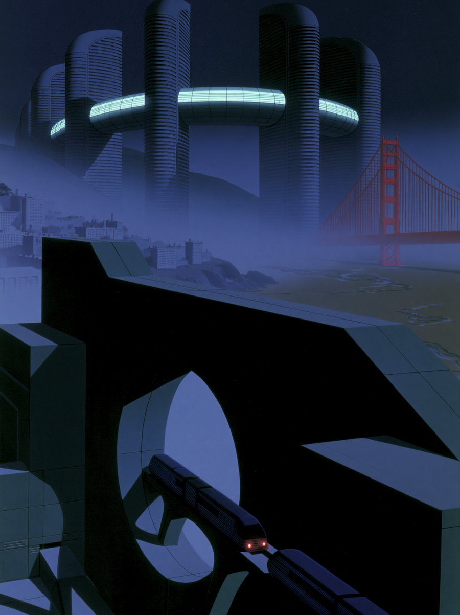 A dark futuristic city at night with large cylindrical towers connected by a glowing horizontal ring, a train emerging from an arched tunnel, and a red suspension bridge in the foggy background.