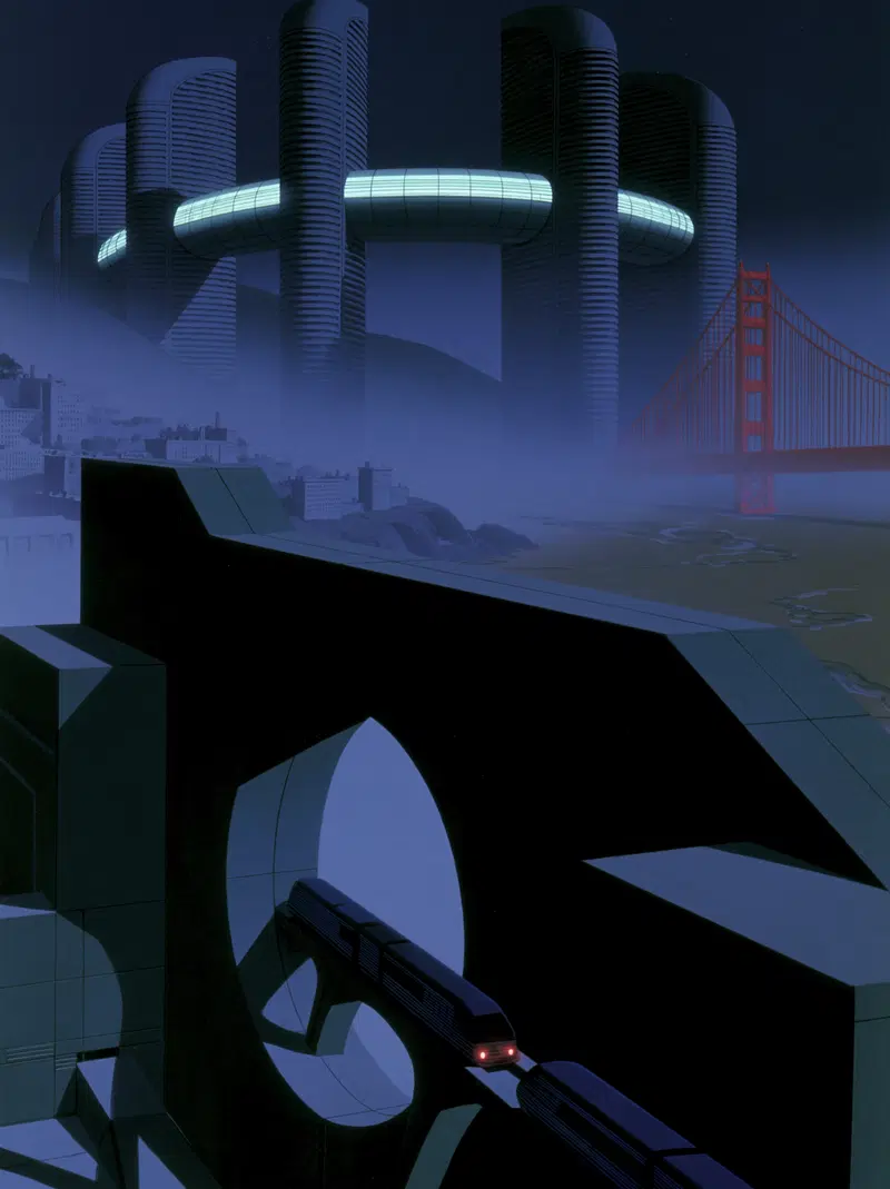 Futuristic cityscape with elevated glowing ring structures and high-speed train
