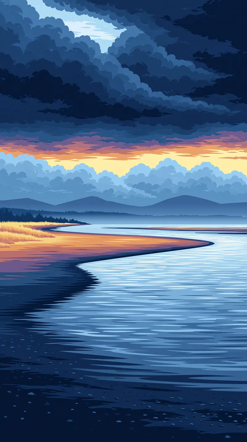 Peaceful coastal landscape with vivid sunset and dramatic clouds