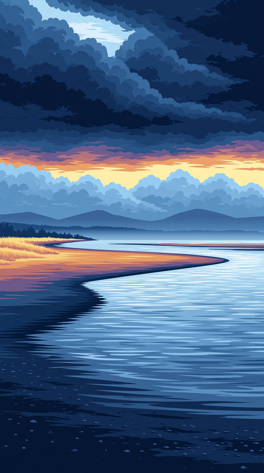 Digital art of a coastal scene with calm water curving alongside a shore with grass and a rocky beach, distant mountains, and layered dramatic clouds with sunset colors in the sky
