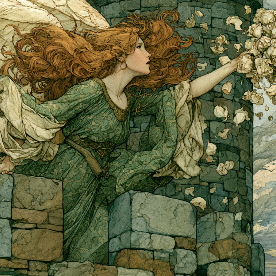 An art illustration of a woman with long flowing red hair wearing a green dress with detailed patterns. She is reaching out from a stone tower wall, releasing or catching white rose petals that scatter in the air around her.