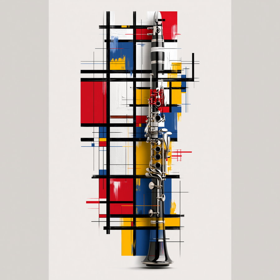 A clarinet positioned vertically in front of an abstract artwork with red, blue, yellow, black, and white geometric shapes and brush strokes