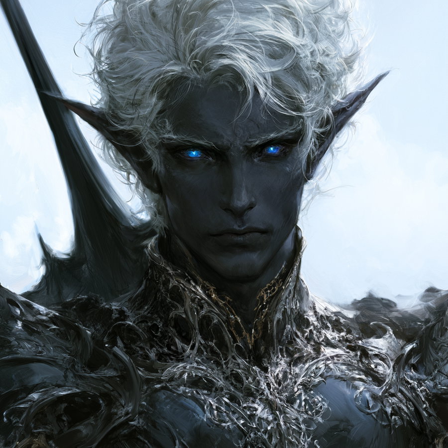 Close-up portrait of a dark elf with white hair, glowing blue eyes, pointed ears, and black intricate armor under a bright light background