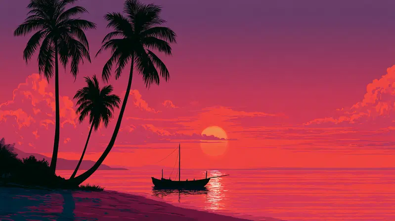 Serene sunset over a tropical beach with silhouetted palm trees and a boat