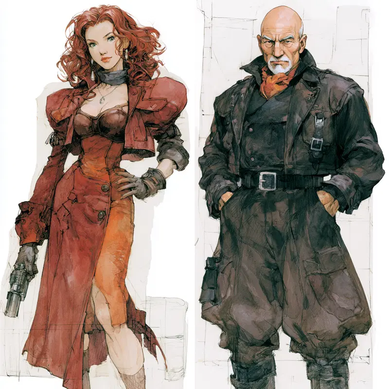 Illustrated characters of an armed woman and a stern older man in detailed attire