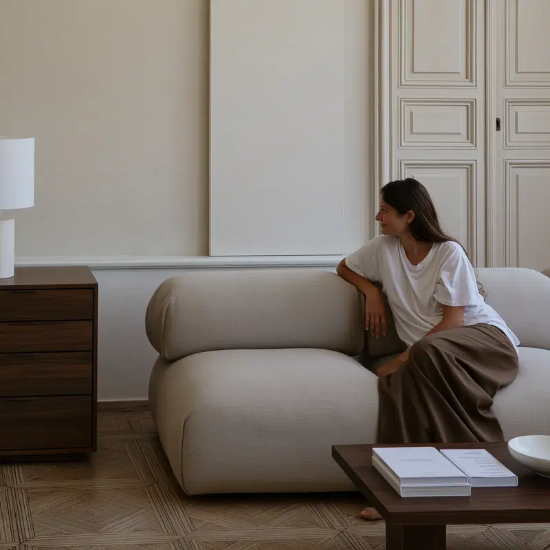 Woman relaxing on a modern beige sofa in a minimalist living room