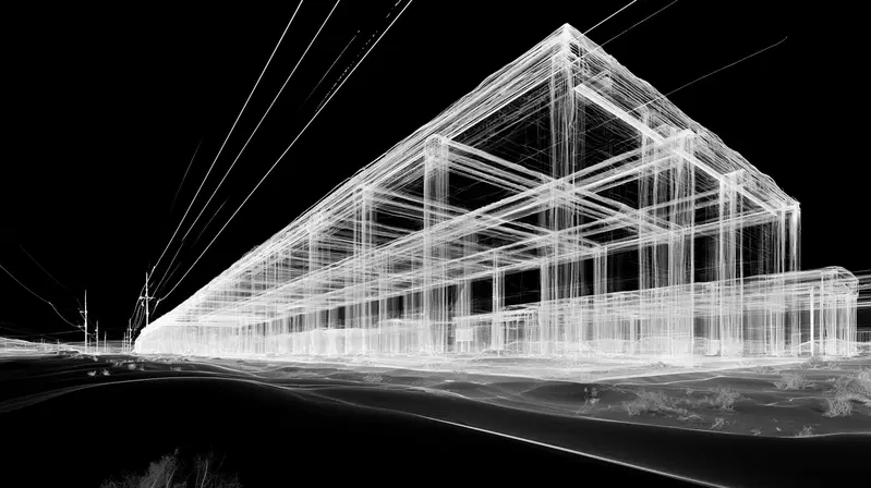 Ethereal wireframe digital art of a large architectural structure at night