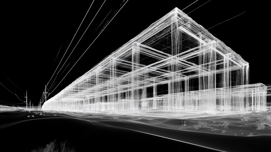 Digital wireframe rendering of a large modern architectural building with power lines on the left side against black background
