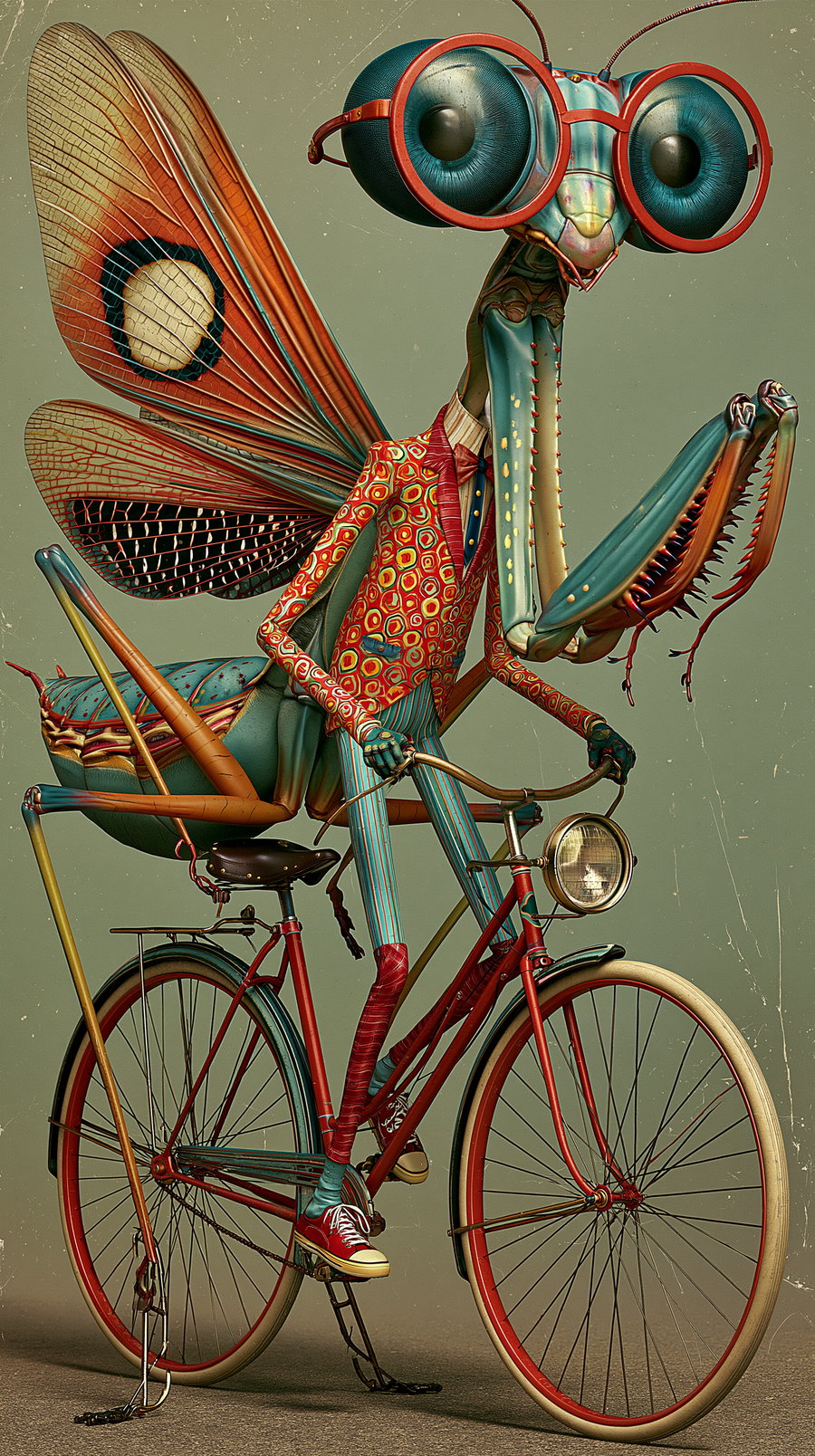 A whimsical and detailed illustration of a large insect-like creature with big eyes and wings, wearing a patterned suit and glasses, riding a red vintage bicycle with a front headlight.
