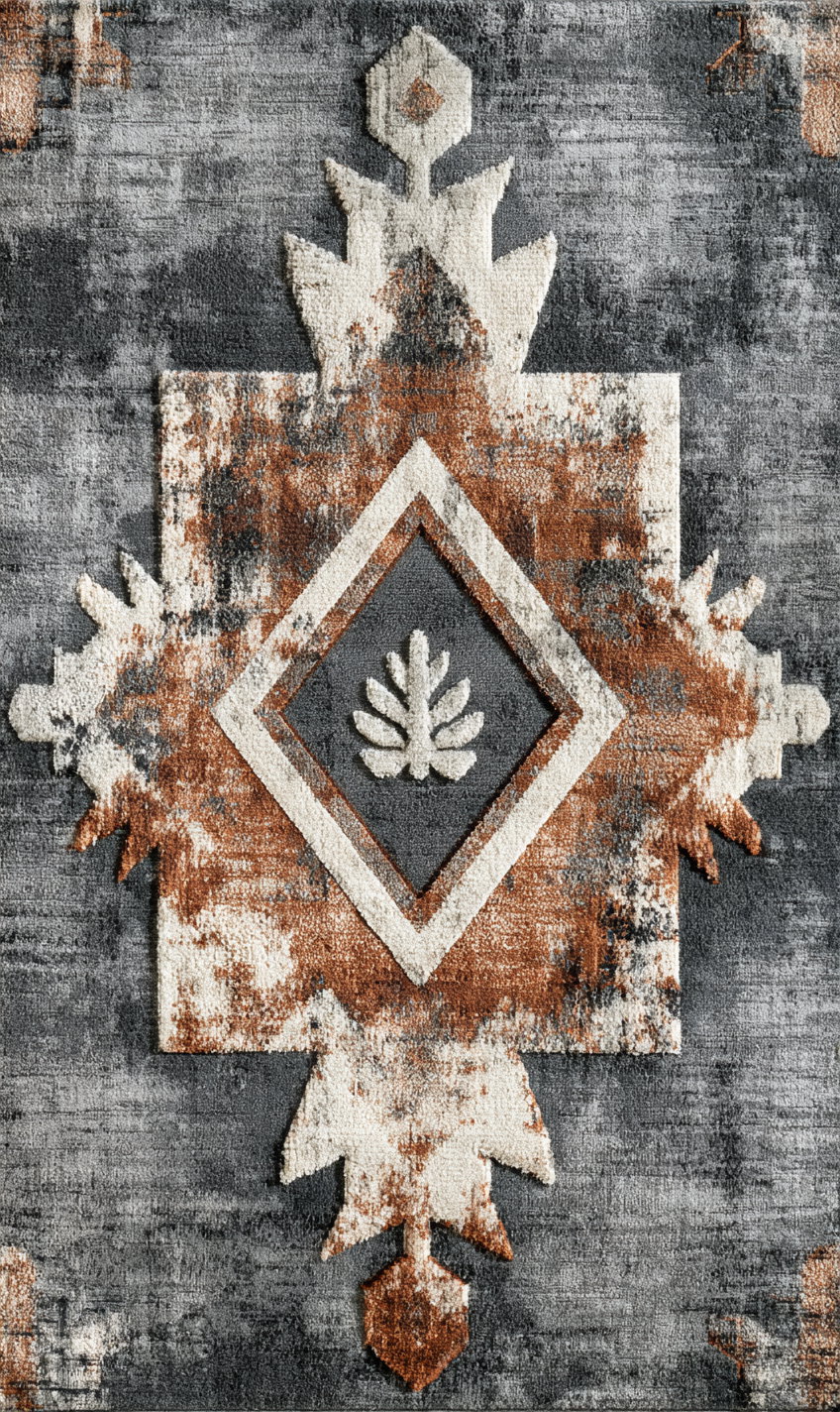 A textured abstract geometric pattern featuring diamond shapes and organic elements in rust, cream, and gray tones on a rough surface.