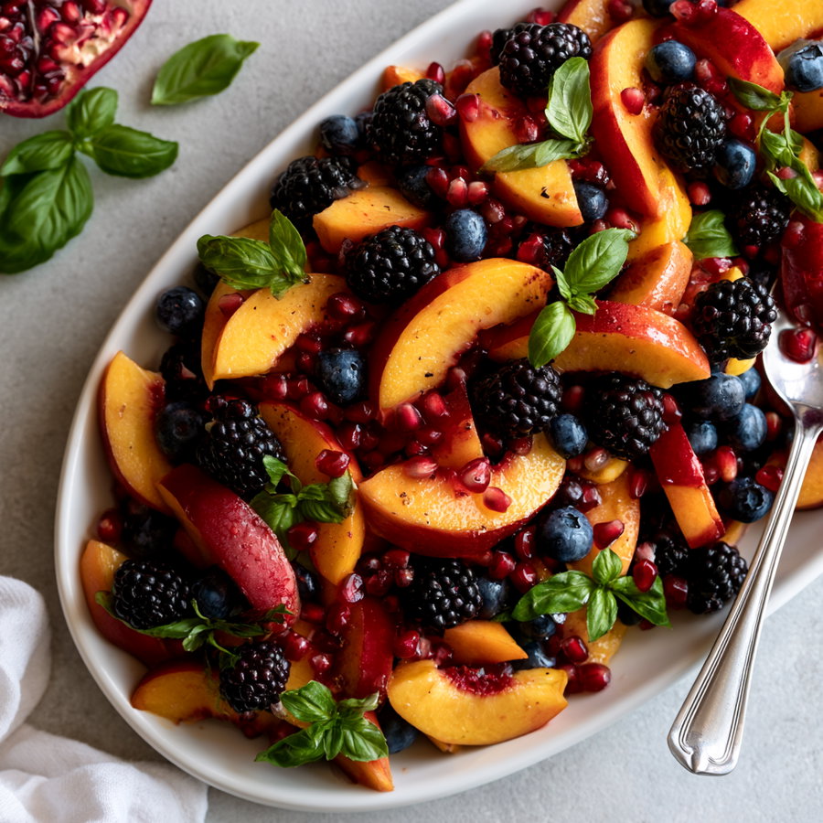 A close-up of a white plate filled with sliced peaches, blackberries, blueberries, pomegranate seeds, topped with green basil leaves and a silver spoon on the side, with additional basil and pomegranate in the background