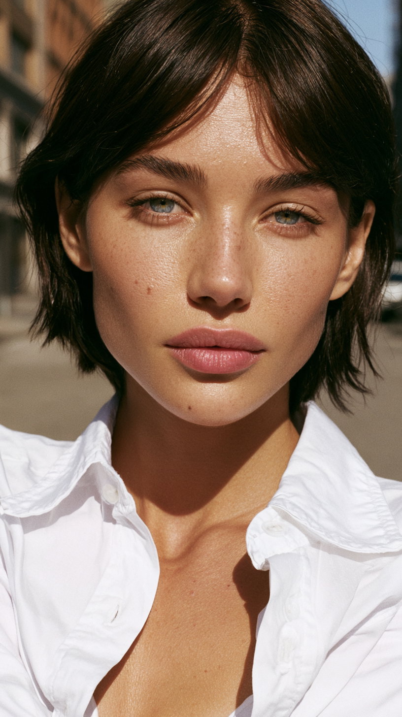 A young woman with short brown hair, green eyes, and light freckles wearing a white shirt in natural sunlight on a city street.