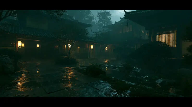 A serene and misty traditional East Asian courtyard at night with glowing lanterns