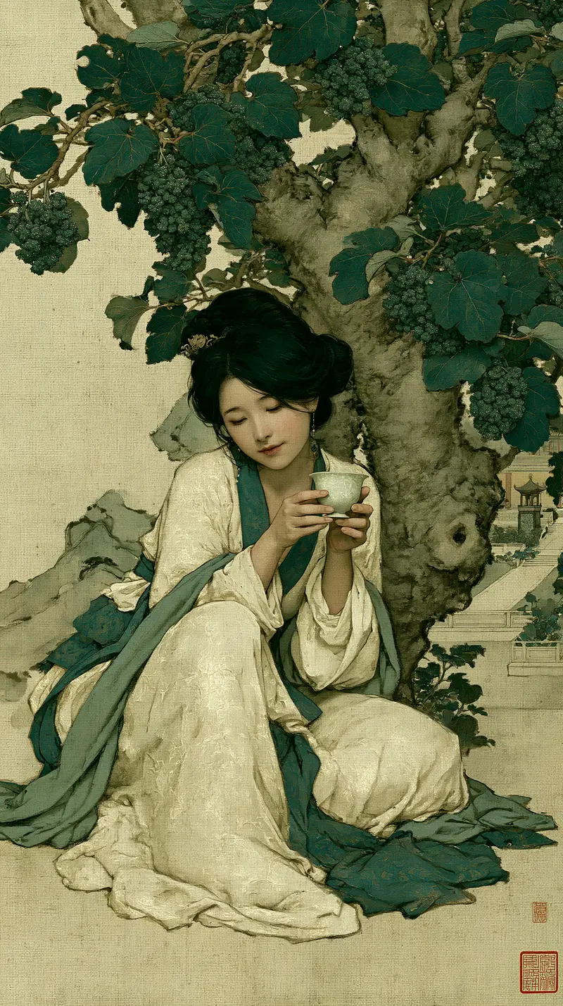 Elegant woman in traditional attire sitting under a grapevine tree holding a cup