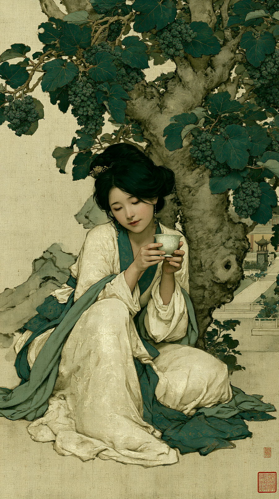 A young woman with black hair styled up, wearing a white and teal traditional dress, sits calmly holding a teacup. She is positioned under a tree with dark green grape clusters. The background shows part of a garden and traditional architecture.