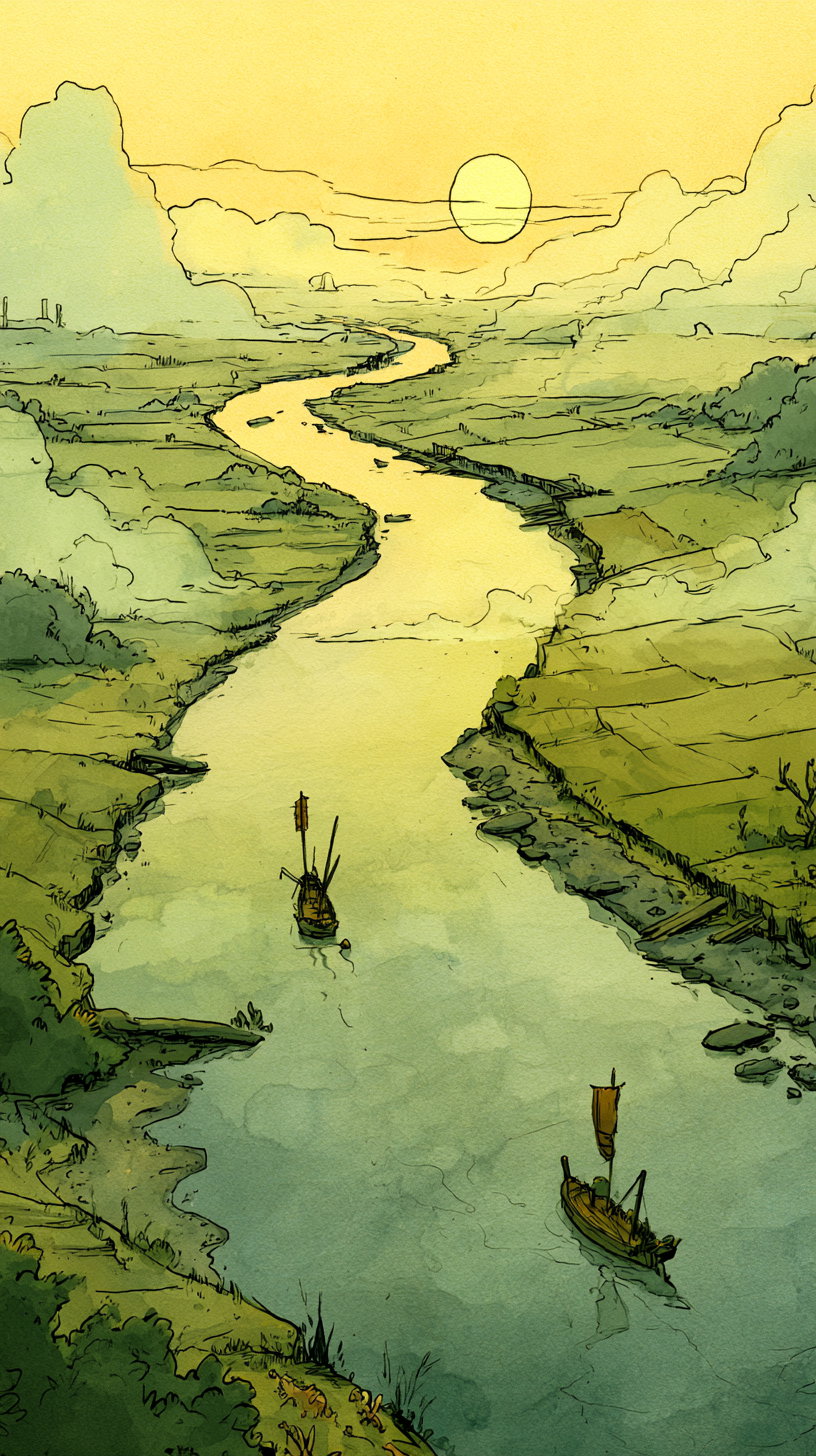 Watercolor painting of a winding river flowing through green fields with two boats on the water and a large sun setting in the yellow sky