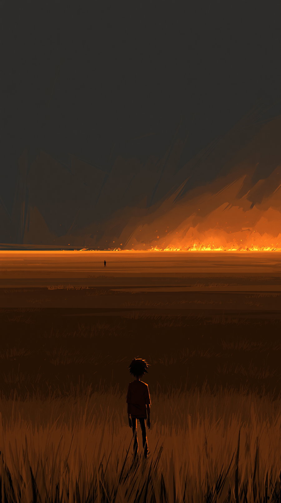 A person with dark hair standing in a field of tall grass facing away from the viewer towards a fiery blaze stretching across the horizon under a dark sky