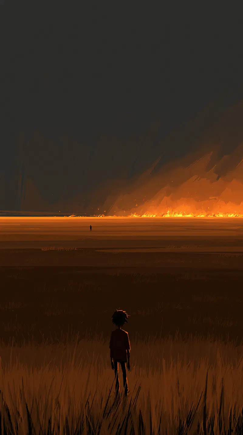 A lone figure watching a distant wildfire in a dark vast field