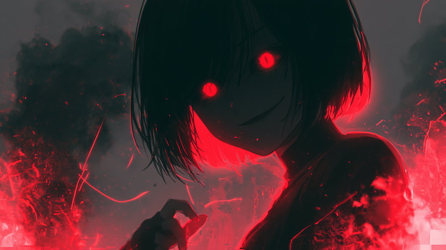 A dark, shadowy figure with short hair and glowing red eyes, set against a background of swirling red smoke and red glowing light