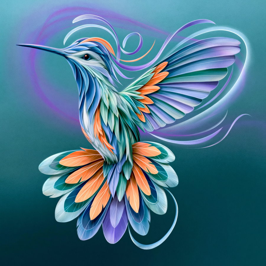 Illustration of a hummingbird with intricate, colorful feathers in shades of blue, orange, and purple set against a teal background