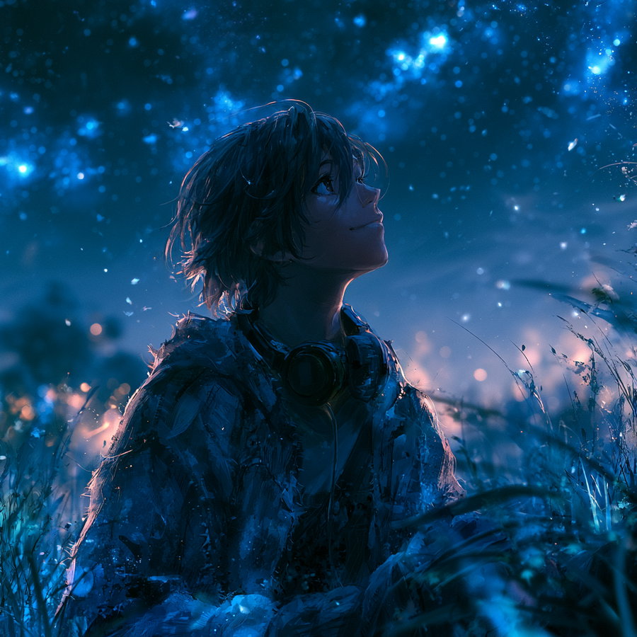 Digital artwork of a young individual with headphones sitting among tall grass under a glowing star-filled night sky, looking upwards with a peaceful expression