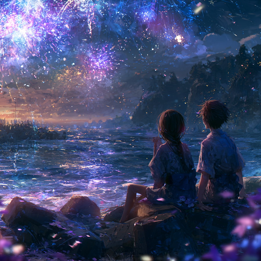 Two individuals sitting on rocks by the ocean shore during dusk, watching colorful fireworks bursting in the sky over the water with cliffs and trees in the background